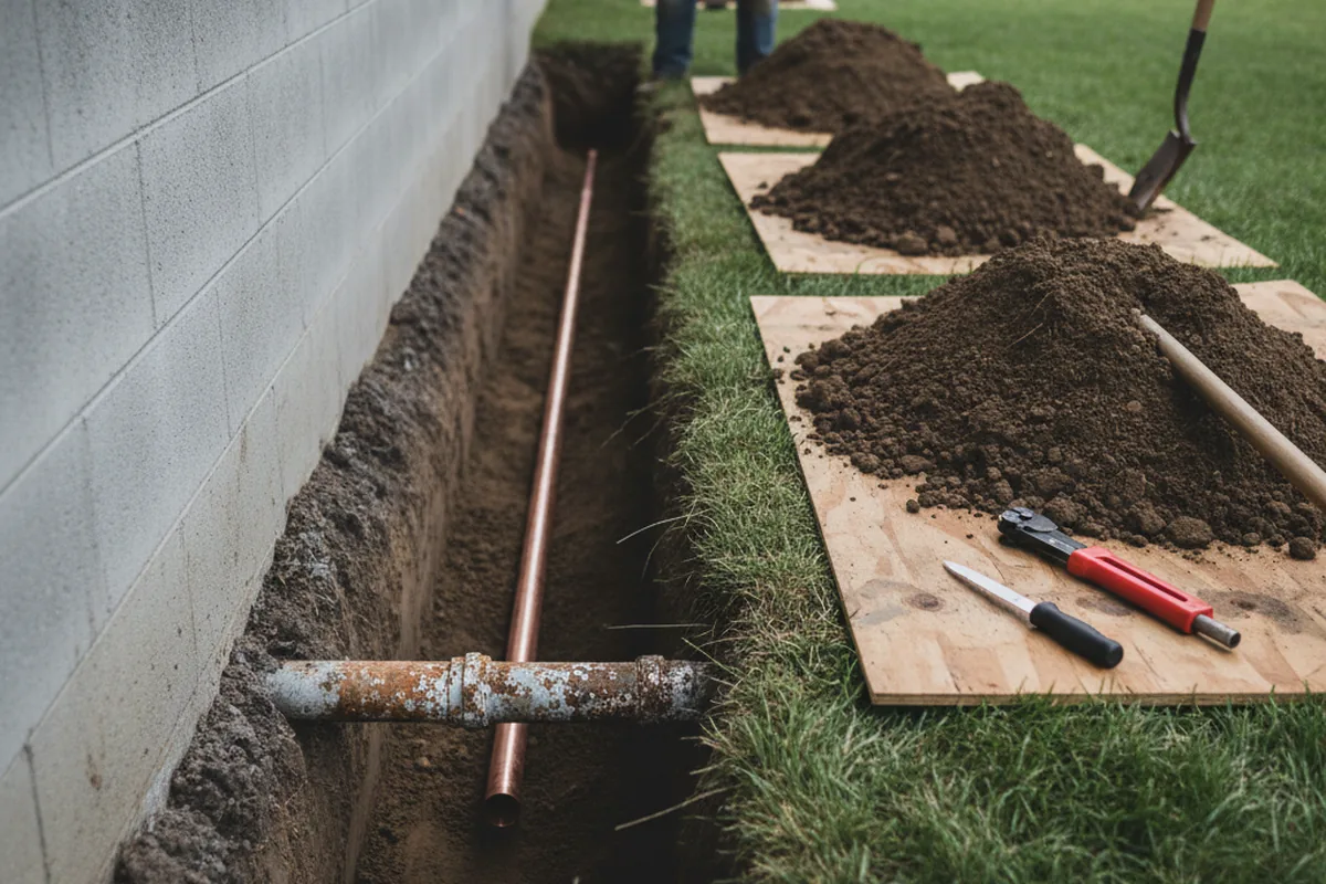 Excavated water line trench during Sewer Line Repair in Pennsylvania Furnace